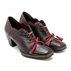 Socofy spot genuine leather bow tassel retro palace style thick heel women's high heels