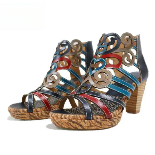 Socofy Genuine Leather Hook & Loop Mixed Colors Retro Sewing Casual High Heels Women Shoes 800
