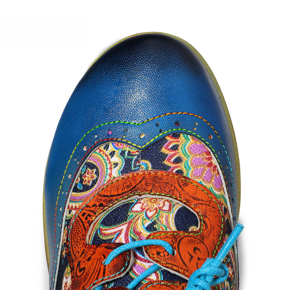 Socofy Vintage Handmade Bohemian Brogue Printed Heels Shoes