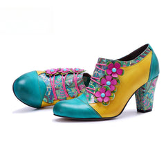 Socofy Leather Genuine Leather Vintage Floral Chunky Heeled Pumps