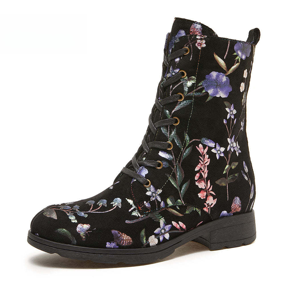 Socofy Autumn and winter warm and wear-resistant mid-calf round-toe cowhide leather fashion boots
