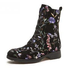 Socofy Autumn and winter warm and wear-resistant mid-calf round-toe cowhide leather fashion boots