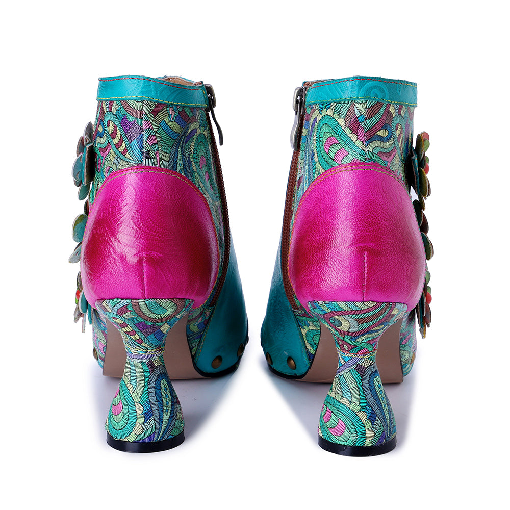 Socofy Vicconfy Leather Floral Fish Mouth Lake Green Heeled Sandals