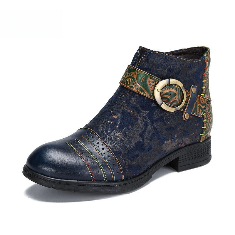 SOCOFY Genuine Leather Ethnic Style Round Toe Belt Buckle Handmade Embossing Short Boots
