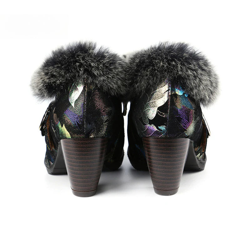 Socofy Vicconfy Genuine Leather Vintage Genuine Wool Patchwork Vintage Illusion Pumps