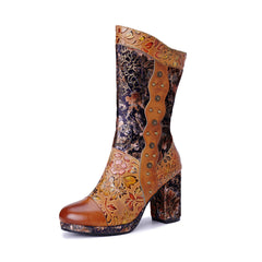 Socofy Winter Vintage Print Heeled Boots