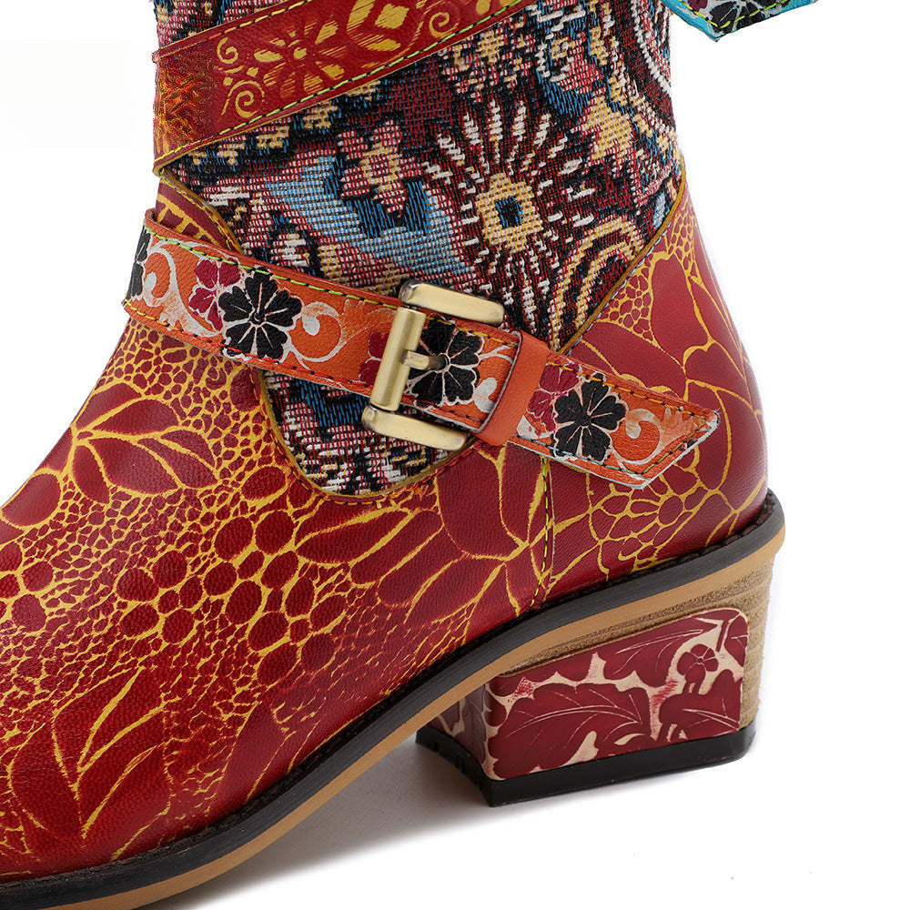 Socofy Leather Vintage Print Chunky Heel Knee Women's Boots
