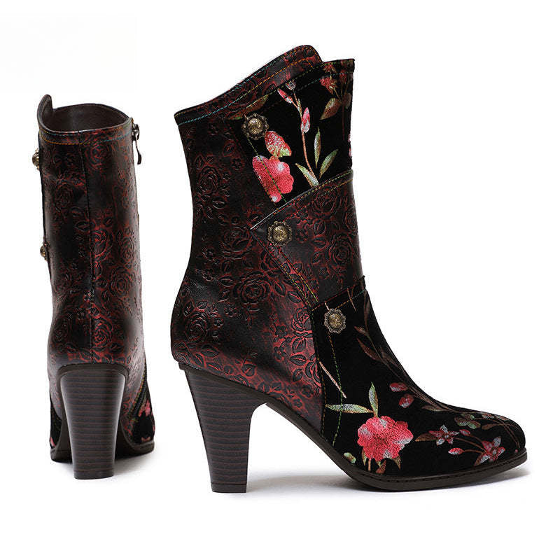 Socofy Vicconfy Court Leather Vintage Handmade High Heel Women's Boots