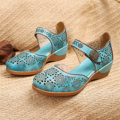 Socofy Genuine leather romantic three-dimensional flowers hollowed out sandals