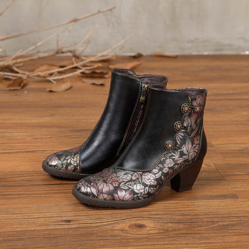 Socofy Leather Retro Flowers Fashionable Zipper Heel Boot