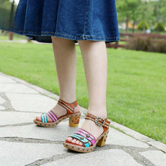 Socofy Summer Leather Retro Rivet Clash Colour High Heeled Sandals