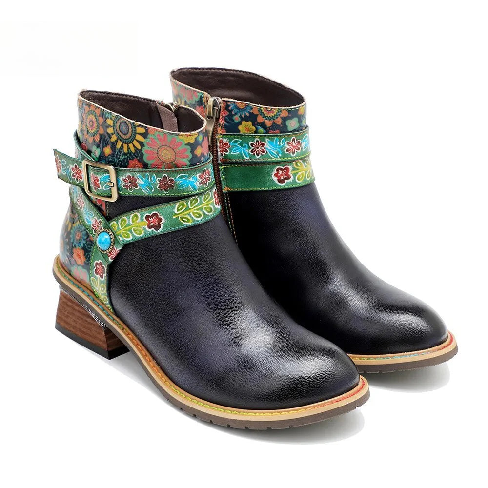 SOCOFY Belt Buckle ZIP Genuine leather Flower Splicing British Style Ankle Boots