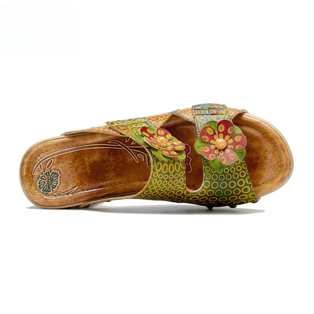 Socofy Spring and summer genuine leather retro flower comfortable thick heel high heel sandals