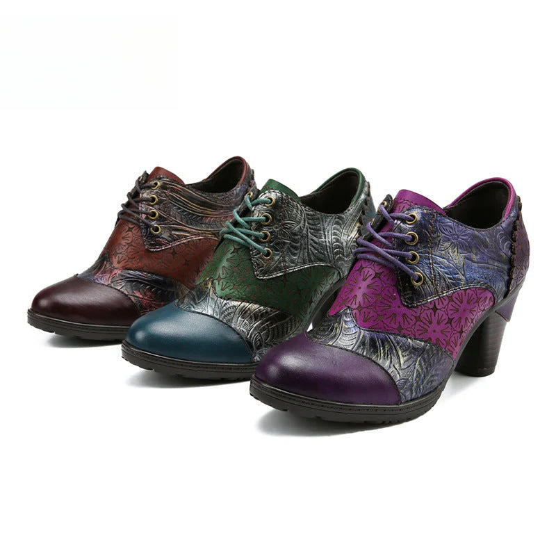 Socofy Genuine leather three-dimensional flower high heel pump