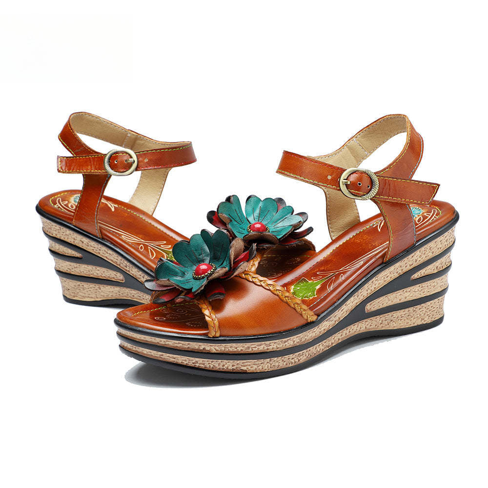 Socofy summer on leather retro three-dimensional flowers casual comfortable sloping sandals