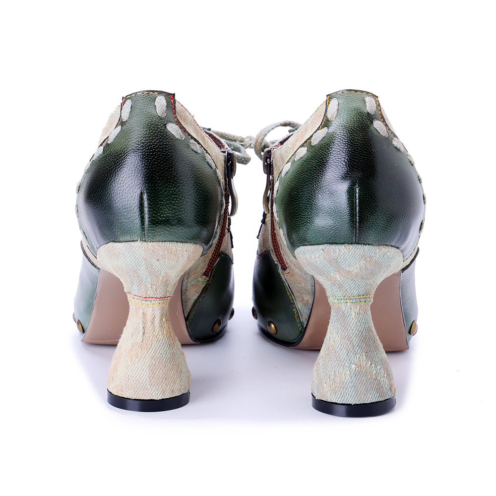 Socofy Vicconfy Genuine Leather Army Green Ethnic Style High Heels