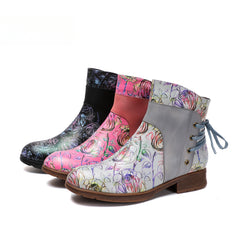 Socofy Vicconfy Retro Leather Blossom Casual Comfort Ankle Boots