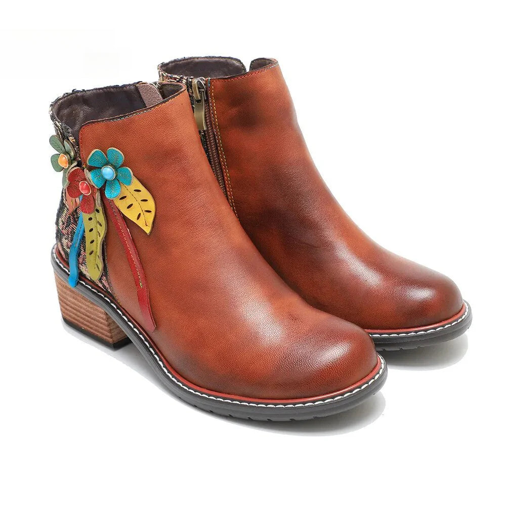 Socofy Autumn Bloom Leather Boots