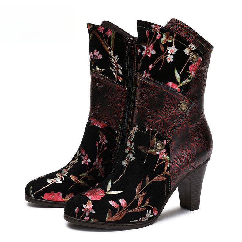 Socofy Vicconfy Court Leather Vintage Handmade High Heel Women's Boots