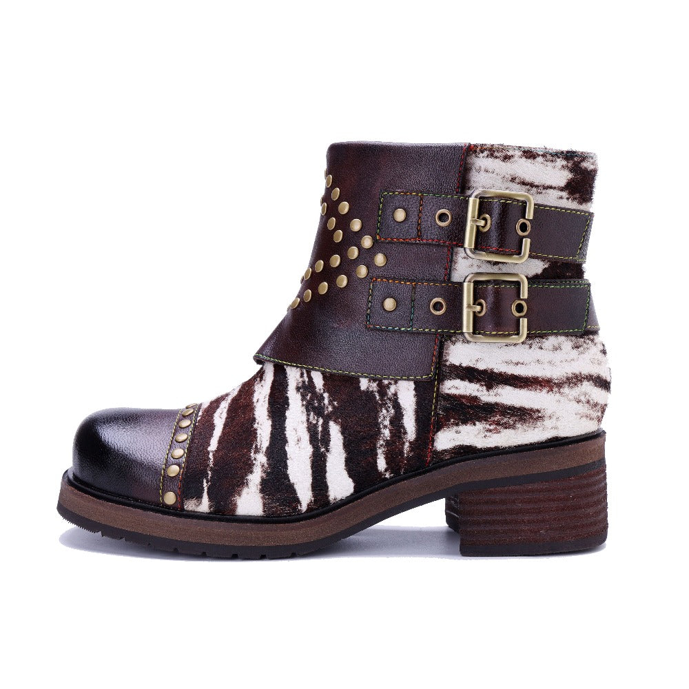 Socofy Retro Handmade Leather Side Zipper Boots
