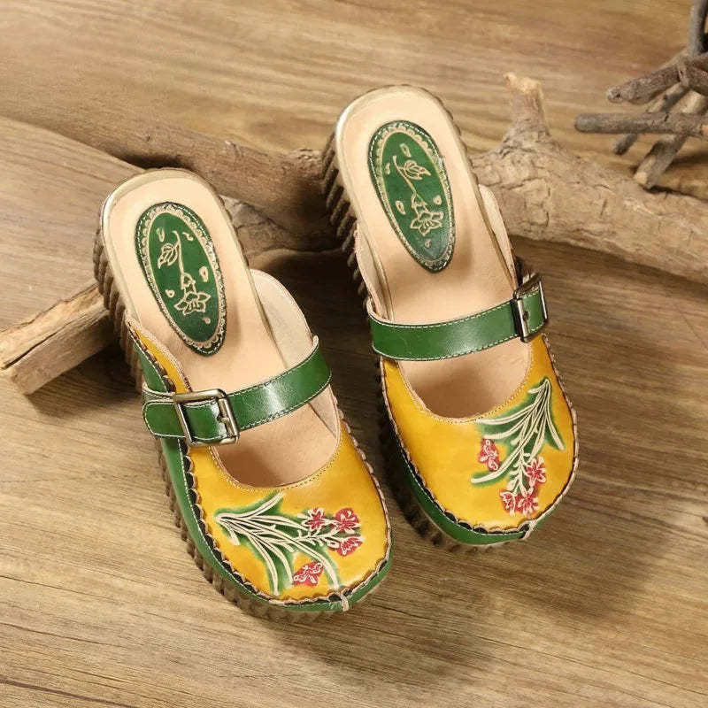 Socofy Ethnic Style Genuine Leather Hand-painted Outside Wedges Slides Retro Platform Slippers