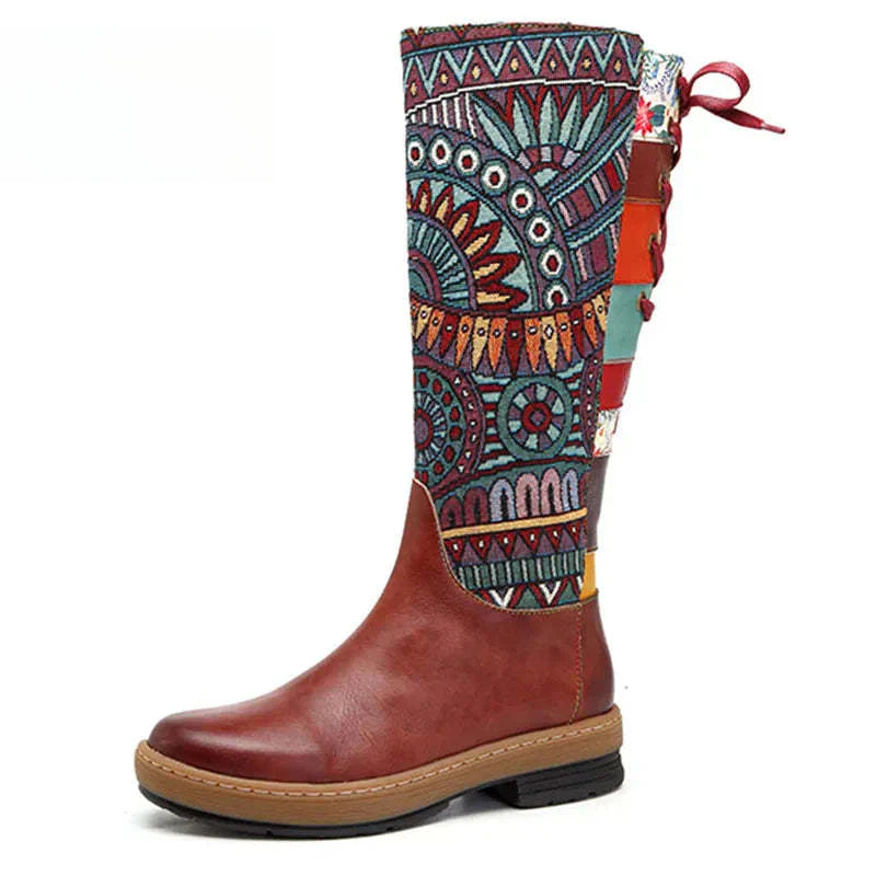Socofy Vinatge Handmade Knee High Boots For Women Genuine Leather Shoes Women