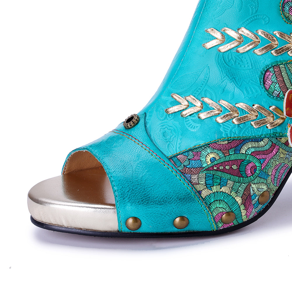 Socofy Vicconfy Leather Floral Fish Mouth Lake Green Heeled Sandals
