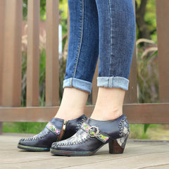 Socofy leather patchwork retro belt buckle chunky heel women's shoes
