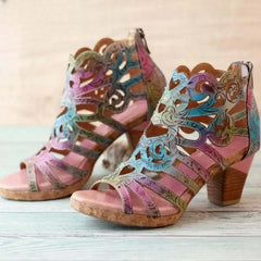 Socofy Genuine Leather Hand-painted Retro Sewing Zip Casual Handmade Sandals