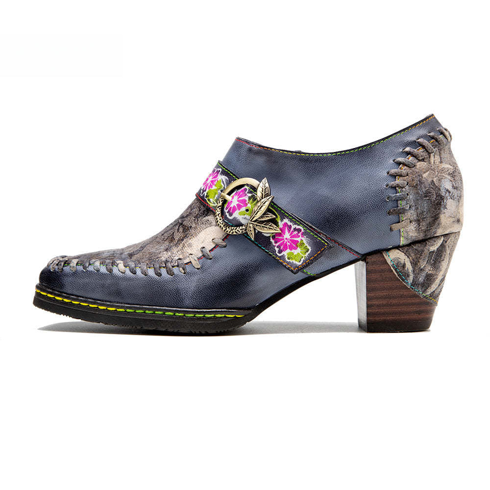 Socofy leather patchwork retro belt buckle chunky heel women's shoes