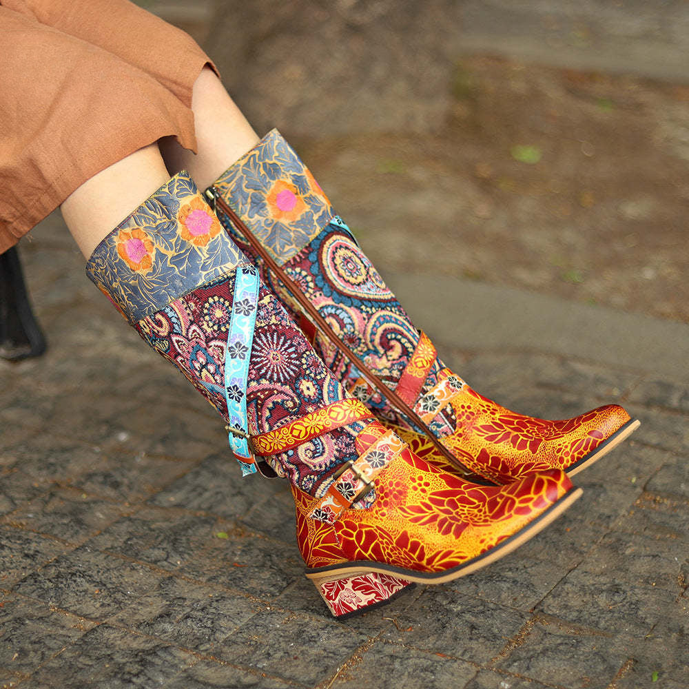 Socofy Leather Vintage Print Chunky Heel Knee Women's Boots