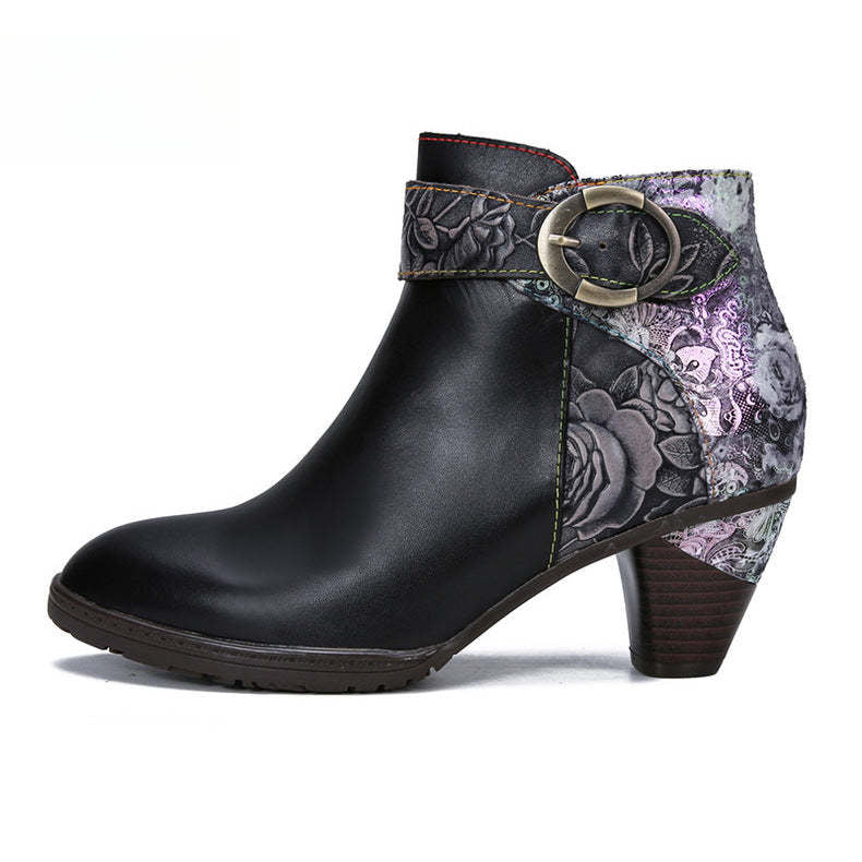 Socofy Vicconfy Vintage Cowhide Leather Boots Fashion Boots Mid Heel Women's Shoes