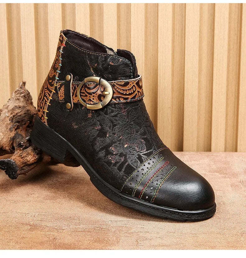 SOCOFY Genuine Leather Ethnic Style Round Toe Belt Buckle Handmade Embossing Short Boots