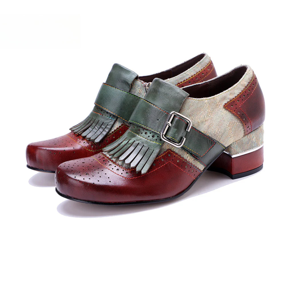 Socofy Genuine leather vintage brogue tassel side zipper Pupms