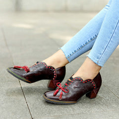 Socofy spot genuine leather bow tassel retro palace style thick heel women's high heels