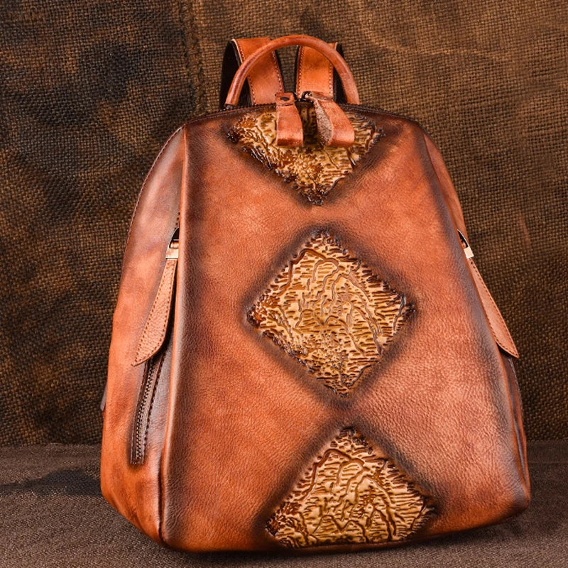 Socofy Handmade Retro Embossed Floral Backpack For Women Genuine Cowhide Leather Fashion Women Bag Solid Color Muti-function Backpacks