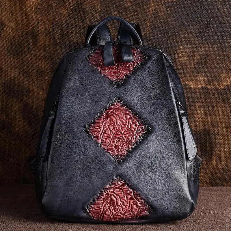 Socofy Handmade Retro Embossed Floral Backpack For Women Genuine Cowhide Leather Fashion Women Bag Solid Color Muti-function Backpacks