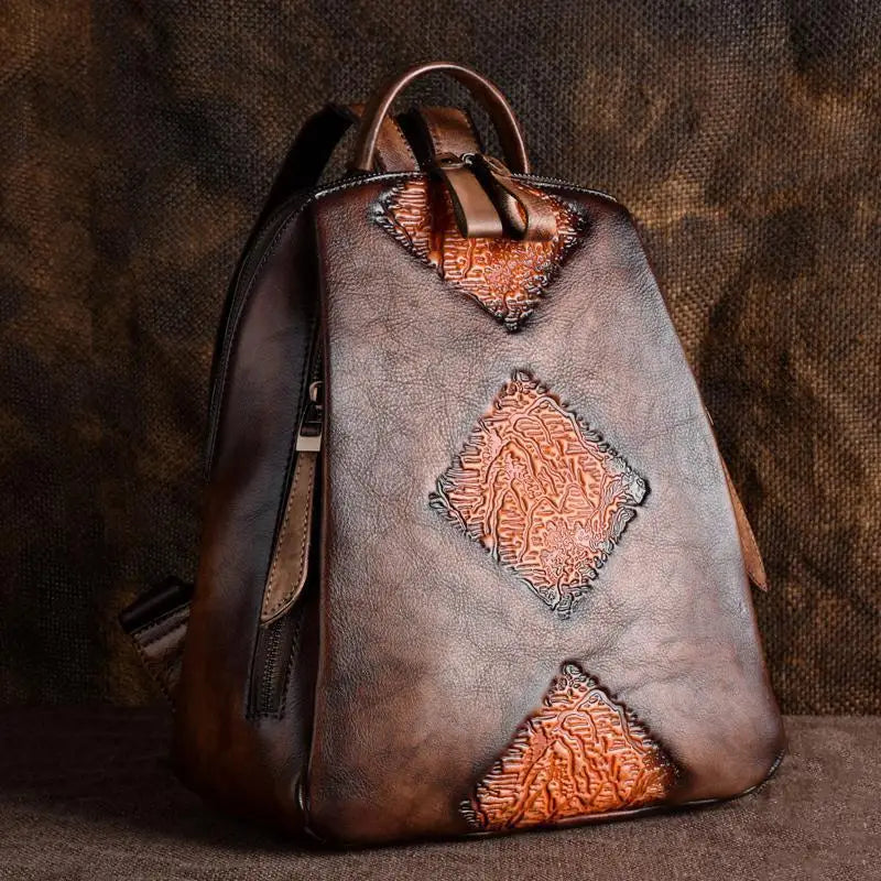 Socofy Handmade Retro Embossed Floral Backpack For Women Genuine Cowhide Leather Fashion Women Bag Solid Color Muti-function Backpacks