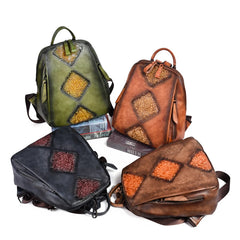 Socofy Handmade Retro Embossed Floral Backpack For Women Genuine Cowhide Leather Fashion Women Bag Solid Color Muti-function Backpacks
