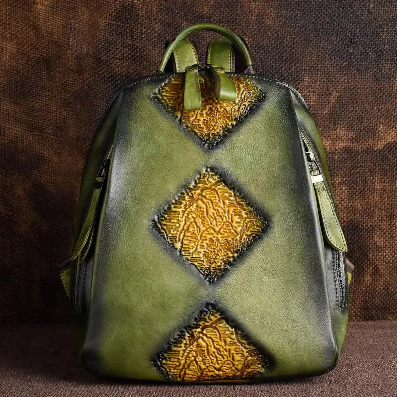 Socofy Handmade Retro Embossed Floral Backpack For Women Genuine Cowhide Leather Fashion Women Bag Solid Color Muti-function Backpacks
