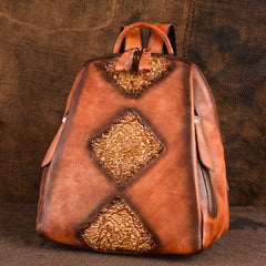 Socofy Handmade Retro Embossed Floral Backpack For Women Genuine Cowhide Leather Fashion Women Bag Solid Color Muti-function Backpacks