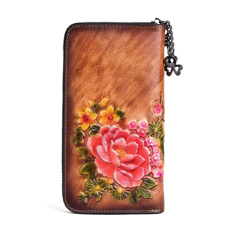 Socofy Retro Women Wallet Genuine Leather Long Zipper Purse Vintage Handmade Embossed Clutch Card Holder