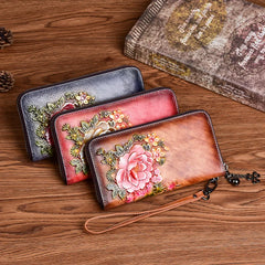 Socofy Retro Women Wallet Genuine Leather Long Zipper Purse Vintage Handmade Embossed Clutch Card Holder