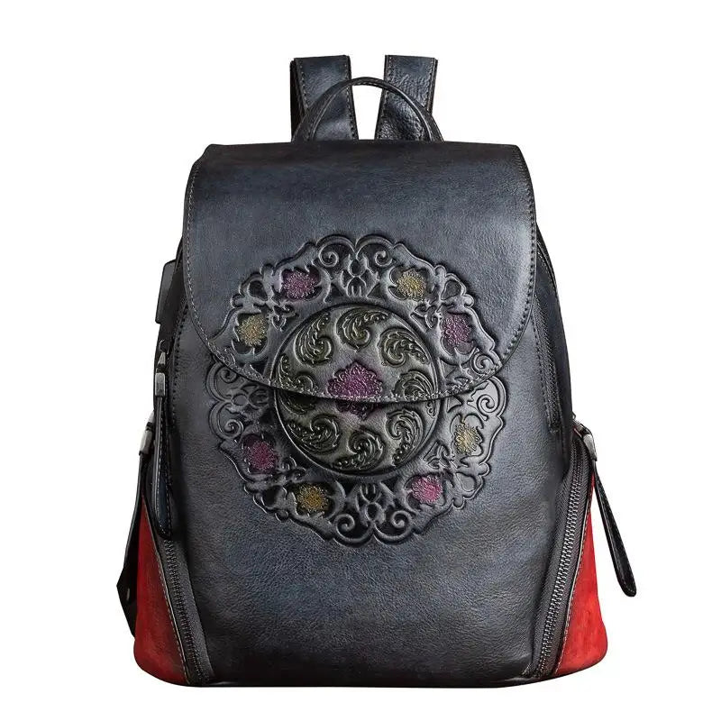 Socofy Genuine Leather Handmade Embossed Vintage Women Backpacks