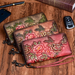 Socofy Vintage Wallet Women Genuine Leather Floral Clutch Retro Embossed Purses For Female