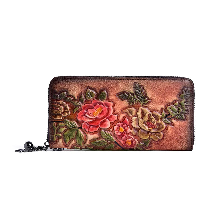 Socofy Vintage Wallet Women Genuine Leather Floral Clutch Retro Embossed Purses For Female