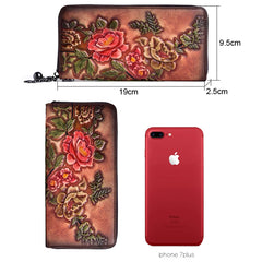 Socofy Vintage Wallet Women Genuine Leather Floral Clutch Retro Embossed Purses For Female