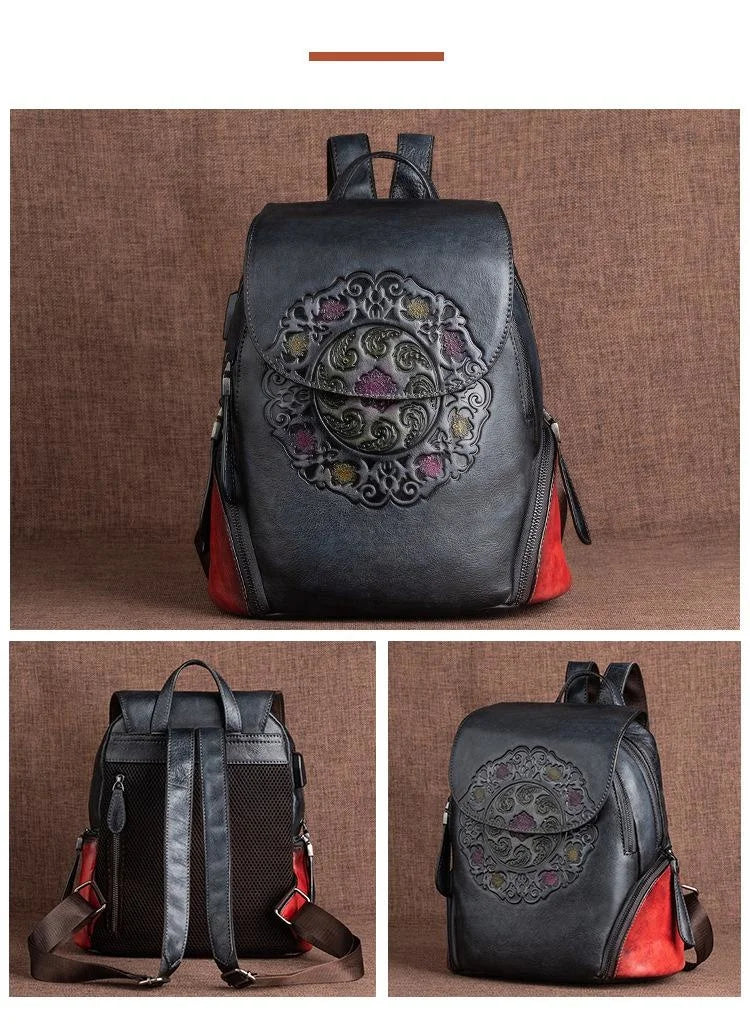 Socofy Genuine Leather Handmade Embossed Vintage Women Backpacks