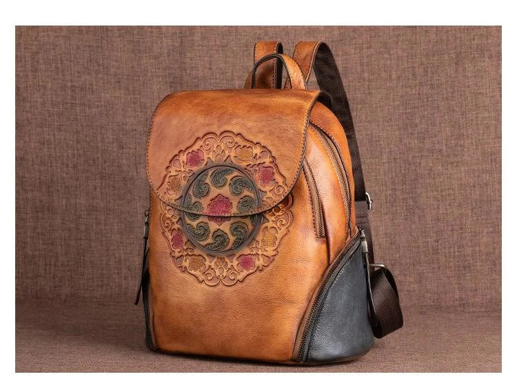 Socofy Genuine Leather Handmade Embossed Vintage Women Backpacks