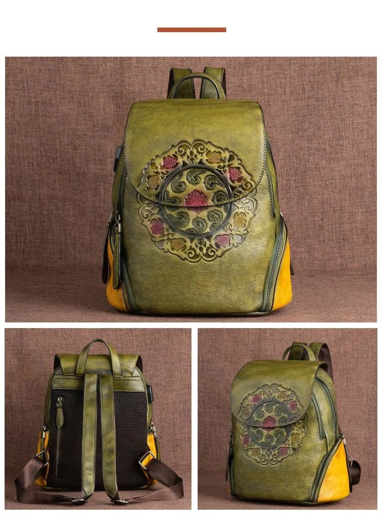 Socofy Genuine Leather Handmade Embossed Vintage Women Backpacks